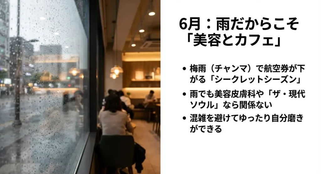 梅雨(チャンマ)で航空券が下がる「シークレットシーズン」である6月に、雨の影響が少ない美容皮膚科や大型モール「ザ・現代ソウル」でゆったり過ごすことを提案するスライド