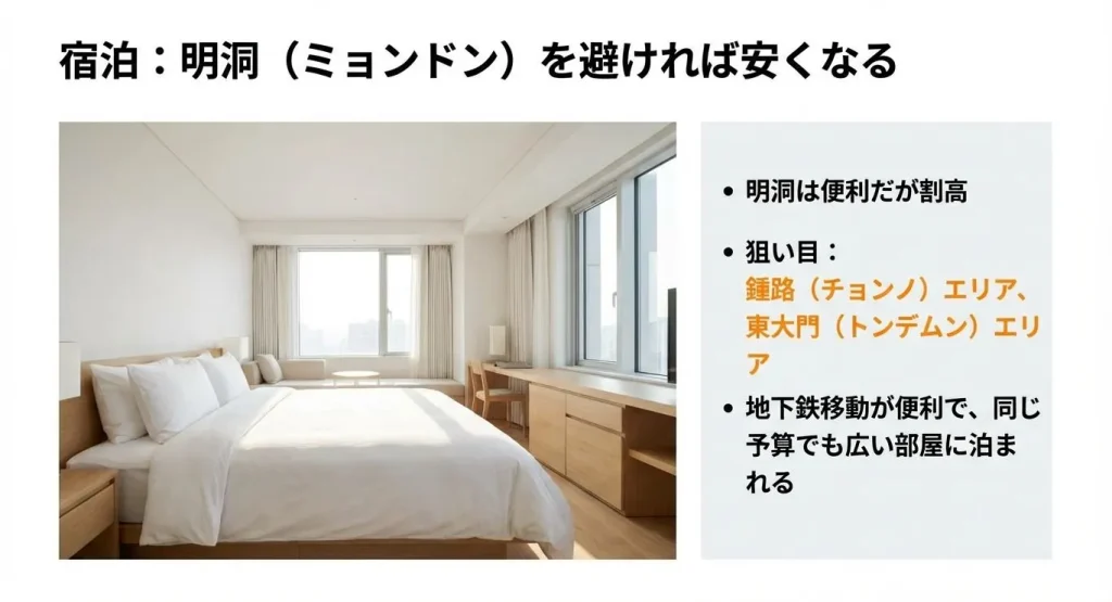 割高な明洞を避け、地下鉄移動が便利で予算内で広い部屋に泊まれる「鍾路エリア」や「東大門エリア」を推奨する、清潔なホテルの客室写真付きのスライド