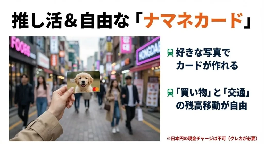 推し活に最適なNAMANEカードの紹介スライド。好きな写真でカードが作れることや、アプリ内で買い物用と交通用の残高を自由に移動できるメリット、日本円現金での直接チャージは不可である点などがまとめられています