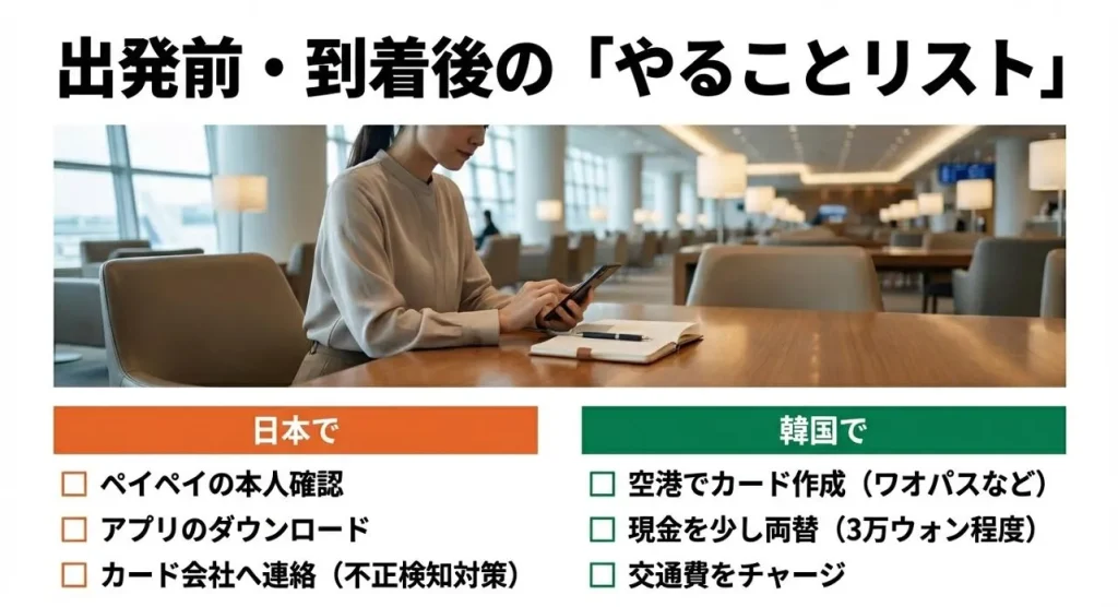 出発前と到着後に分けてやるべきことを整理したチェックリスト。日本での本人確認やアプリ準備、韓国到着後のカード作成と少額の両替など、スムーズな決済のためのアクションが網羅されています