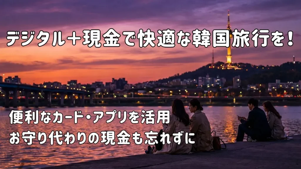「デジタル+現金で、快適な韓国旅を!」というメッセージが書かれたスライド。便利なカードやアプリを賢く使いこなしつつ、予備の現金も忘れずに用意して良い旅を、と締めくくられています。