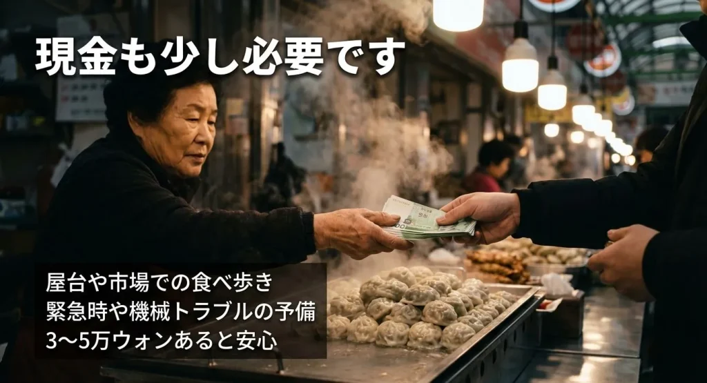 「現金も少し必要です」という見出しとともに、屋台や市場での食べ歩き、緊急時の予備として3〜5万ウォン程度の準備を推奨するスライド