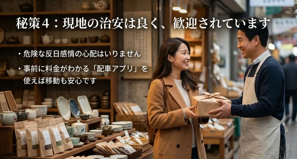 現地の治安は良く歓迎されていること、配車アプリを使えば移動も安心であることを伝えるスライド