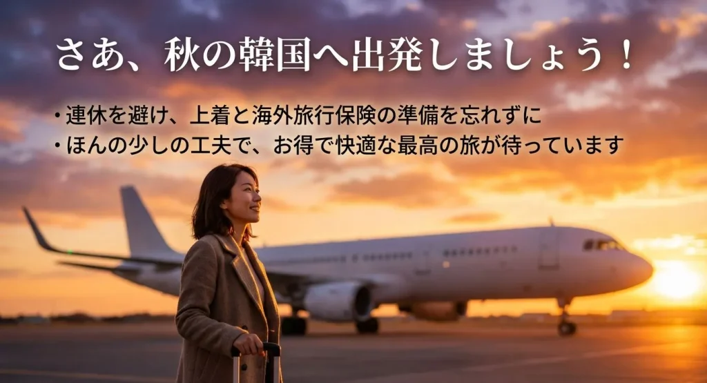 連休を避け、上着と保険を準備して最高の旅へ出発しましょうというメッセージが書かれたまとめのスライド