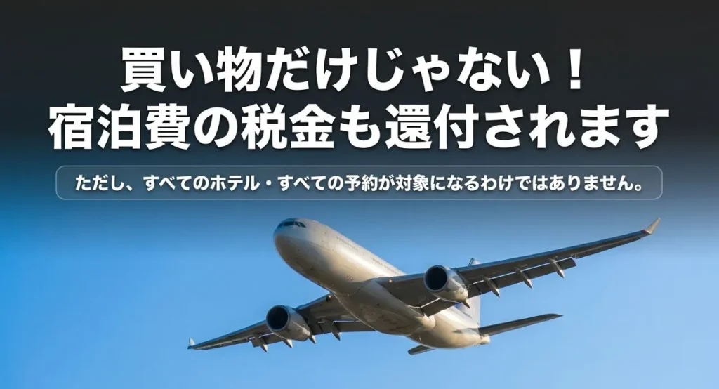 「買い物だけじゃない！宿泊費の税金も還付されます」というテキスト。ただし、全てのホテルや予約が対象になるわけではないという注意点が添えられたイメージ