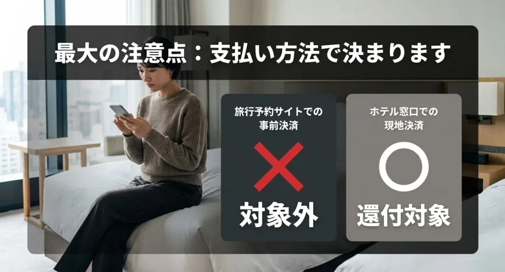 支払い方法の比較図。予約サイトでの事前決済は対象外（X）、ホテル窓口での現地決済は還付対象（◯）であることを分かりやすく示したスライド。