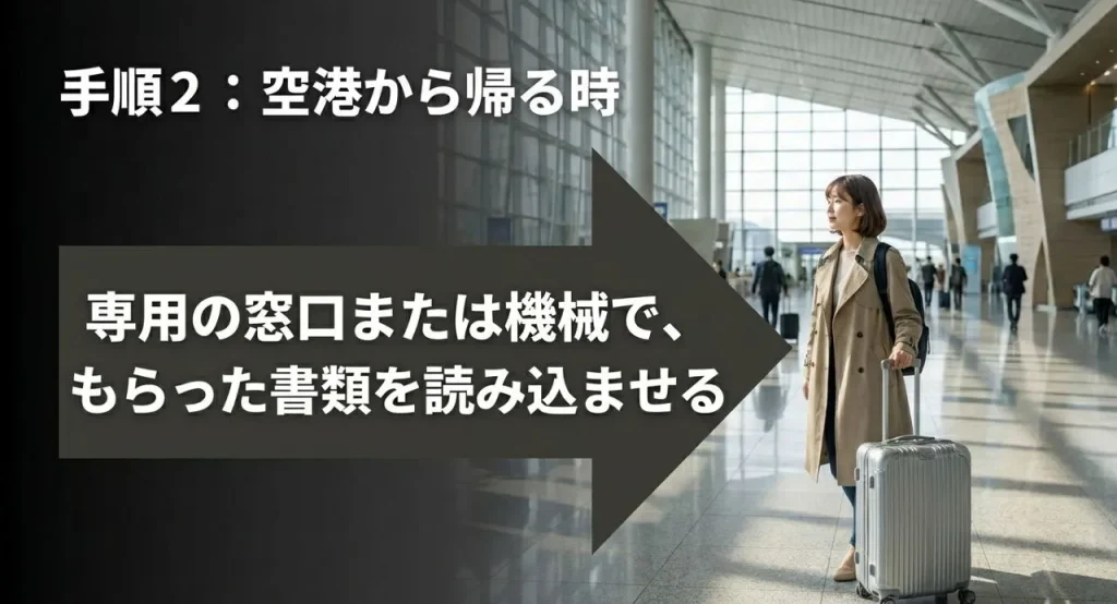 空港での帰国時の手順。専用の窓口または機械で、ホテルでもらった書類を読み込ませる操作を説明しているスライド