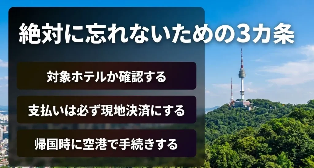 還付手続きの要点まとめ。1.対象ホテルか確認、2.支払いは現地決済、3.帰国時に空港で手続き、の3点をまとめたチェックリスト