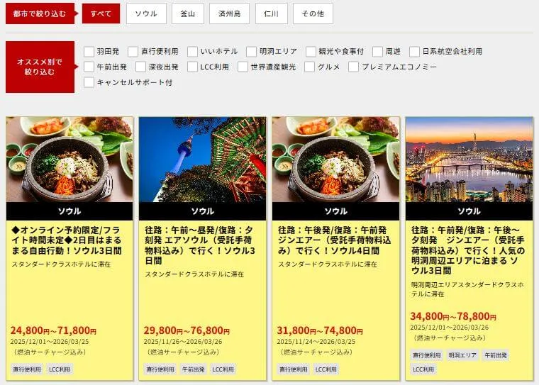 HISの韓国3泊4日ツアー価格帯の幅広さ