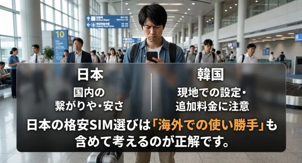 国内の繋がりや安さだけでなく、韓国現地での設定や追加料金を含めて選ぶのが正解であると解説するスライド