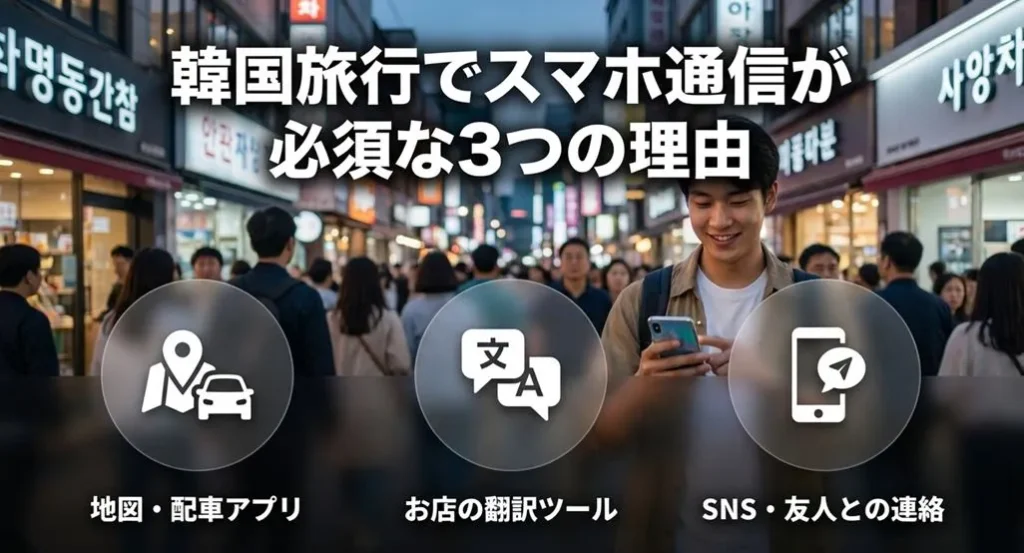 地図・配車アプリ、翻訳ツール、SNS・連絡という、韓国旅行でスマホが必要な3つ理由をアイコン付きで紹介するスライド
