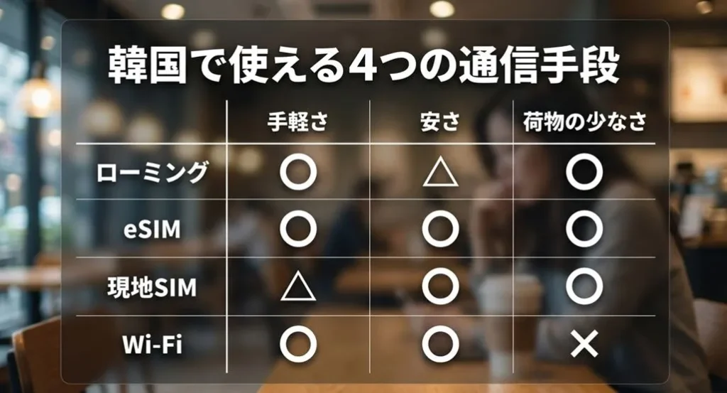 ローミング、eSIM、現地SIM、Wi-Fiの4つを、手軽さ、安さ、荷物の少なさの項目で比較した表のスライド
