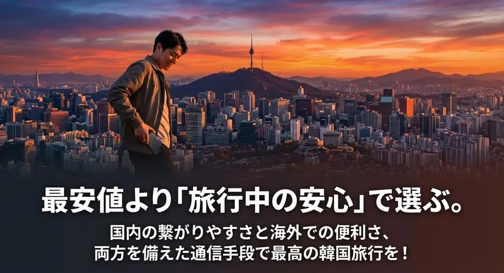 最安値よりも「旅行中の安心」で選ぶことを推奨し、最高の韓国旅行を応援するメッセージが書かれたスライド
