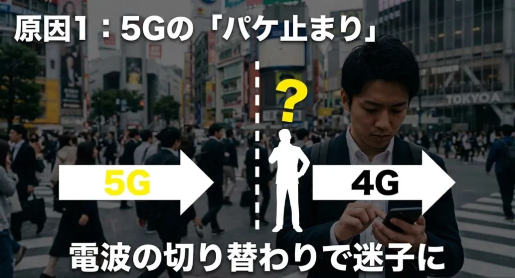 5Gと4Gの電波の切り替わり時に通信が迷子になり、接続が不安定になる「パケ止まり」のイメージ図