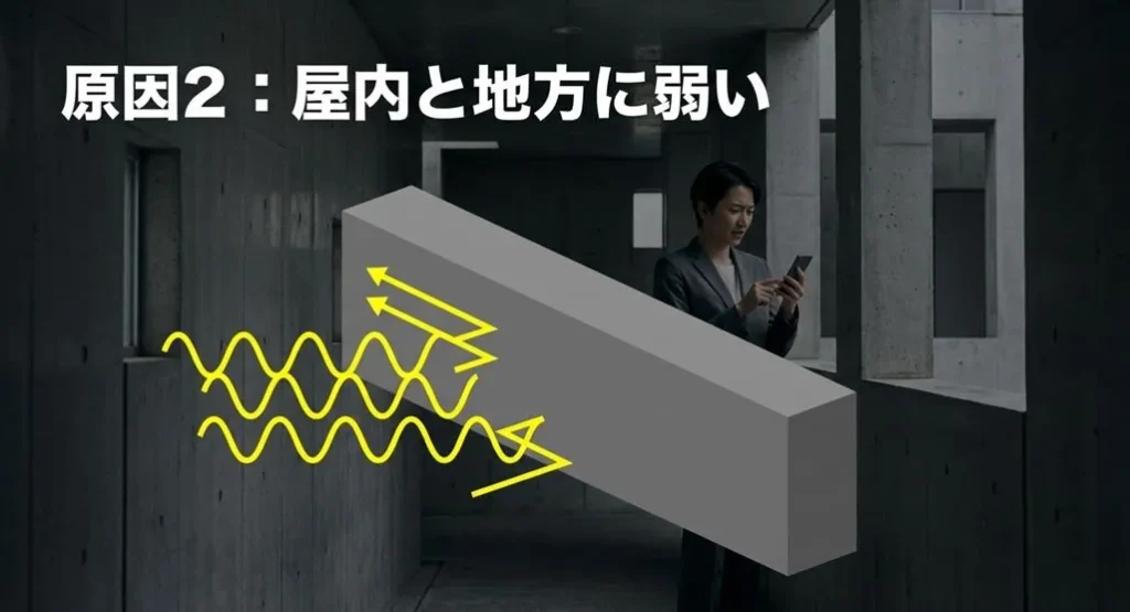 屋内の建物内や地方のエリアにおいて、電波が弱く感じられる原因のまとめスライド